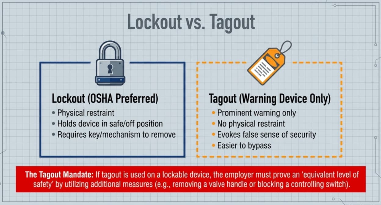 This is an image depicting the table previous referenced on what the differences are between lockout vs. tagout.